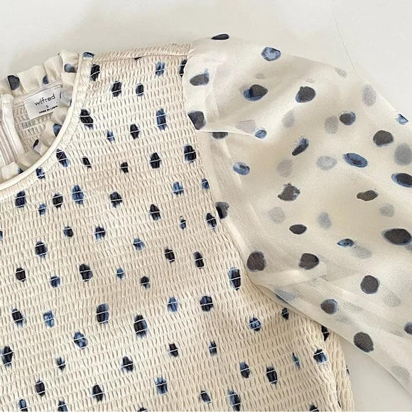 Aritzia Cream Blouson Sleeve Smocked Top with Navy Dot Print - Picture 6 of 10
